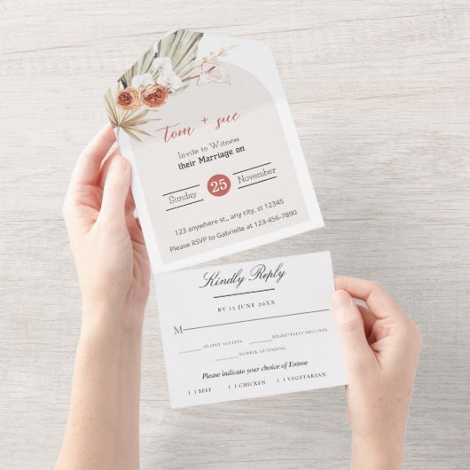 Boho Chic Waterverf bloemenbruiloft All In One Uitnodiging (Afscheurbaar)