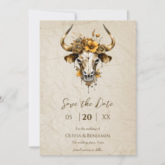 Boho Chic Waterverf Bloemige Koeienschedel Bruilof Save The Date (Voorkant)