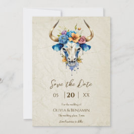 Boho Chic Waterverf Bloemige Koeienschedel Bruilof Save The Date