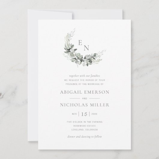 Boho Chic Waterverf Eucalyptus Bruiloft Kaart (Voorkant)