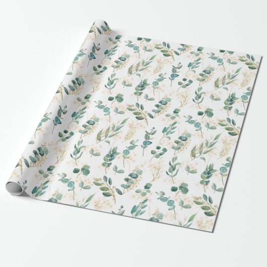 Boho Chic Waterverf Eucalyptus Greenery Sparkles Cadeaupapier (Uitgerold)