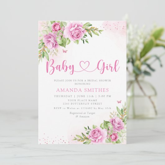 Boho Chic Waterverf Floral Baby Girl Shower Kaart (Staand voorkant)
