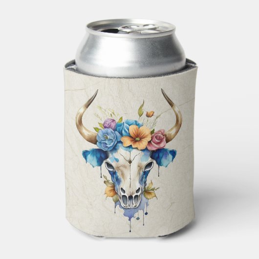 Boho Chic Waterverf Floral Koe Schedel Blikjeskoeler (Blikje Voorkant)