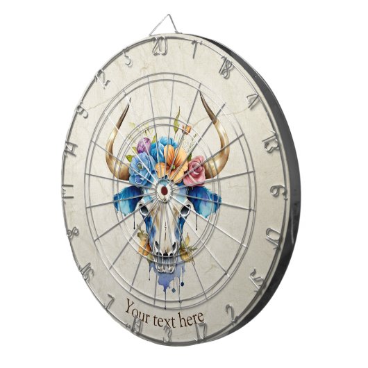 Boho Chic Waterverf Floral Koe Schedel Dartbord (Voorkant Rechts)