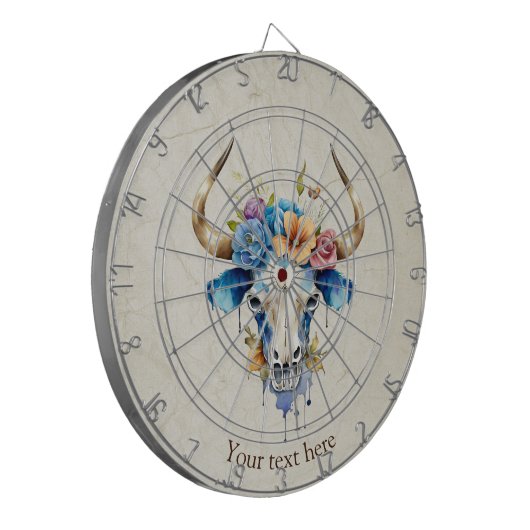 Boho Chic Waterverf Floral Koe Schedel Dartbord (Voorkant Links)