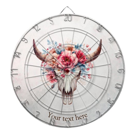 Boho Chic Waterverf Floral Koe Schedel Dartbord (Voorkant)