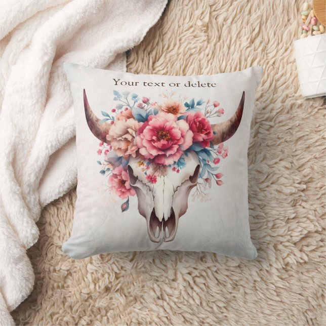 Boho Chic Waterverf Floral Koe Schedel Kussen (Deken)