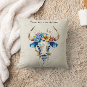 Boho Chic Waterverf Floral Koe Schedel Kussen