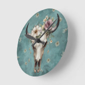 Boho Chic Waterverf Floral Koe Schedel Ronde Klok (Hoek)