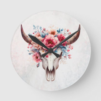 Boho Chic Waterverf Floral Koe Schedel Ronde Klok