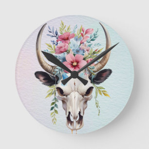 Boho Chic Waterverf Floral Koe Schedel Ronde Klok
