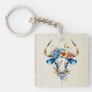 Boho Chic Waterverf Floral Koe Schedel Sleutelhanger