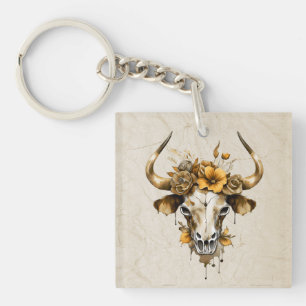Boho Chic Waterverf Floral Koe Schedel Sleutelhanger