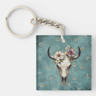 Boho Chic Waterverf Floral Koe Schedel Sleutelhanger