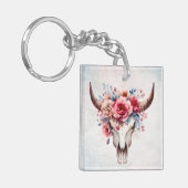 Boho Chic Waterverf Floral Koe Schedel Sleutelhanger (Voorkant Links)