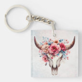 Boho Chic Waterverf Floral Koe Schedel Sleutelhanger (Voorkant)