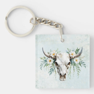 Boho Chic Waterverf Floral Koe Schedel Sleutelhanger