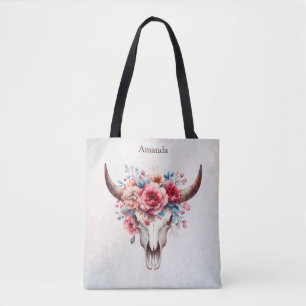 Boho Chic Waterverf Floral Koe Schedel Tote Bag