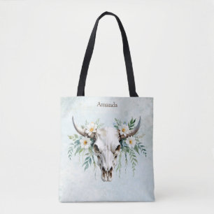 Boho Chic Waterverf Floral Koe Schedel Tote Bag