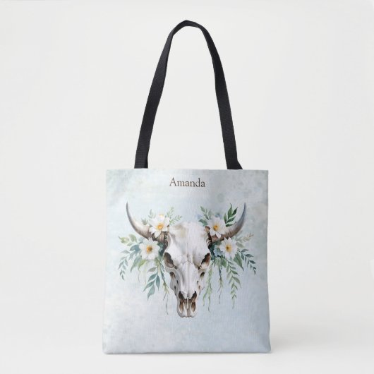 Boho Chic Waterverf Floral Koe Schedel Tote Bag (Voorkant)