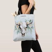 Boho Chic Waterverf Floral Koe Schedel Tote Bag (Dichtbij)