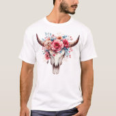 Boho Chic Waterverf Floral Koe Skull T-shirt (Voorkant)