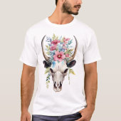 Boho Chic Waterverf Floral Koe Skull T-shirt (Voorkant)
