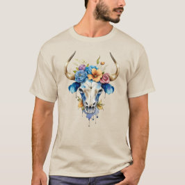 Boho Chic Waterverf Floral Koe Skull T-shirt