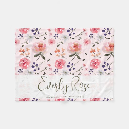 Boho Chic Waterverf florals Gepersonaliseerde stat Fleece Deken (Voorkant (Horizontaal))