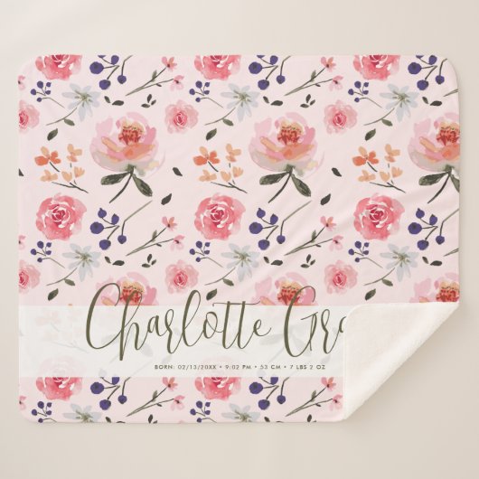 Boho Chic Waterverf florals Gepersonaliseerde stat Sherpa Deken (Voorkant (horizontaal))