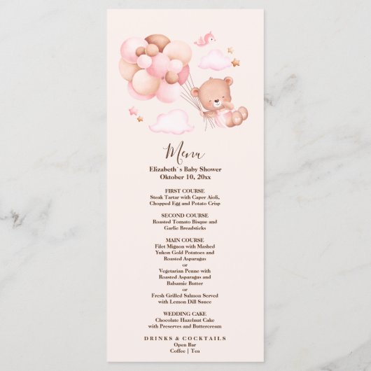 Boho Chic Waterverf Girl Teddy Bear met ballonnen Menu (Achterkant)