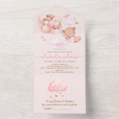 Boho Chic Waterverf Girl Teddy Bear met Roze Bal All In One Uitnodiging (Binnen)