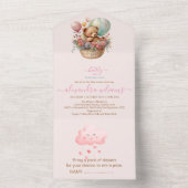 Boho Chic Waterverf Girl Teddy Bear met Roze Bal All In One Uitnodiging (Binnen)