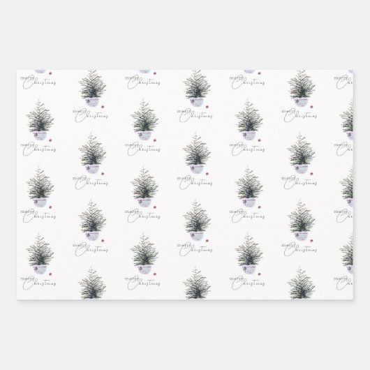 Boho Chic Waterverf Kerstboom Wit Inpakpapier Vel (Voorkant)