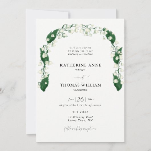 Boho Chic Waterverf Lily Valley Leaf trouwboog Kaart (Voorkant)