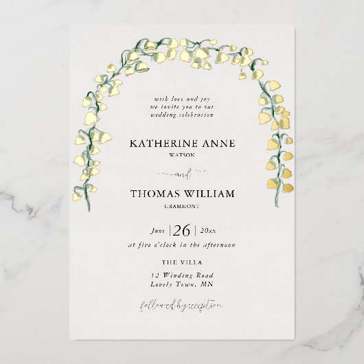 Boho Chic Waterverf Lily Valley Trouwboog Goud Folie Uitnodiging (Voorkant)