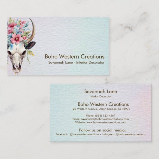 Boho Chic Waterverf Multicolor Floral Koe Schedel Visitekaartje (Voorkant / Achterkant)