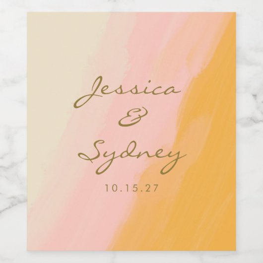 Boho Chic Waterverf Pink and Yellow Name Wedding Wijn Etiket (Enkel label)