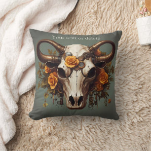 Boho Chic Waterverf Steampunk Floral Koe Schedel Kussen