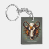 Boho Chic Waterverf Steampunk Floral Koe Schedel Sleutelhanger (Voorkant Links)