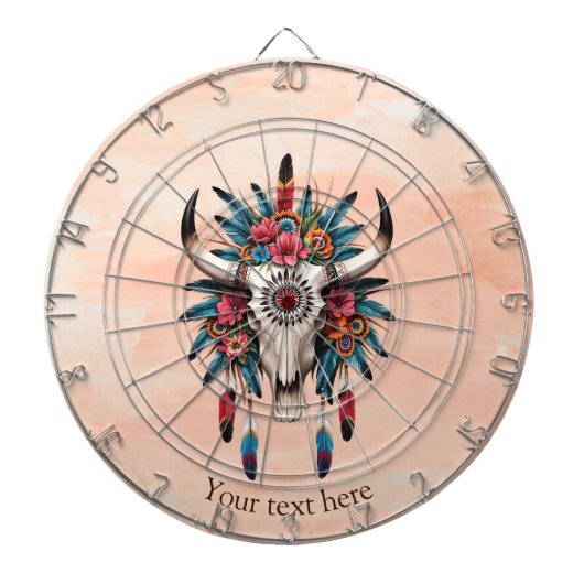 Boho Chic Waterverf Tribal Floral Koe Schedel Dartbord (Voorkant)
