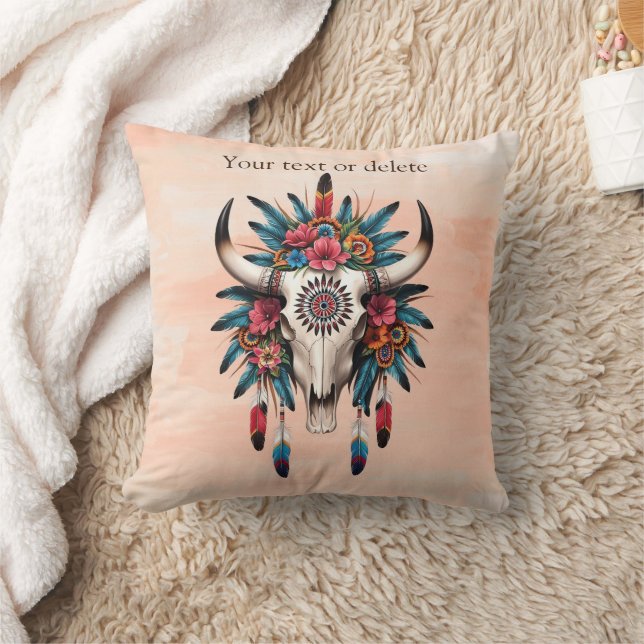 Boho Chic Waterverf Tribal Floral Koe Schedel Kussen (Deken)