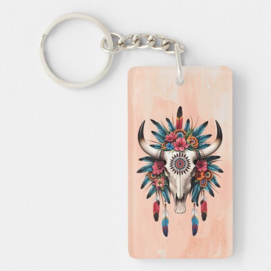 Boho Chic Waterverf Tribal Floral Koe Schedel Sleutelhanger (Voorkant)