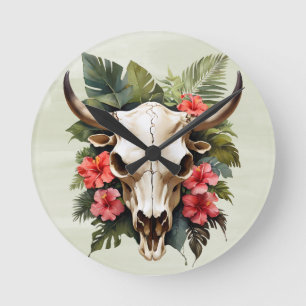 Boho Chic Waterverf Tropische Bloemen Koe Schedel Ronde Klok
