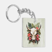 Boho Chic Waterverf Tropische Bloemen Koe Schedel Sleutelhanger (Voorkant Links)
