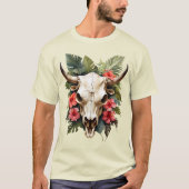 Boho Chic Waterverf Tropische Bloemen Koe Schedel T-shirt (Voorkant)