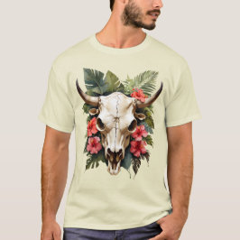 Boho Chic Waterverf Tropische Bloemen Koe Schedel T-shirt