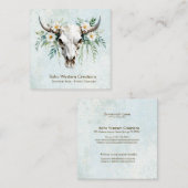 Boho Chic Waterverf Witte Bloemen Koe Schedel Vierkante Visitekaartje (Voorkant / Achterkant)