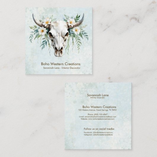 Boho Chic Waterverf Witte Bloemen Koe Schedel Vierkante Visitekaartje (Voorkant / Achterkant)