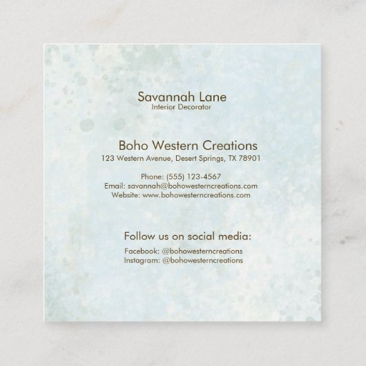 Boho Chic Waterverf Witte Bloemen Koe Schedel Vierkante Visitekaartje (Achterkant)